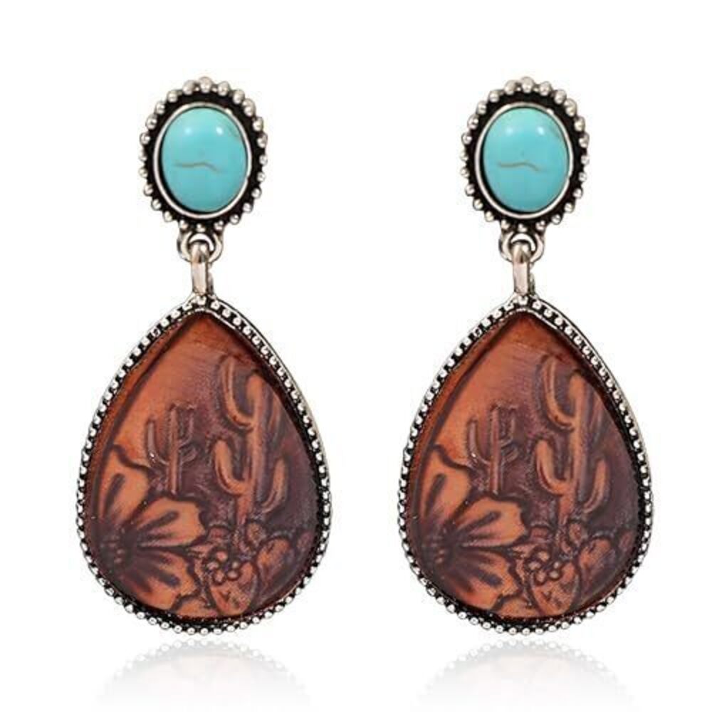 9026 Western Earrings Jewelry Vintage Brown Cactus Earrings Boho Turquoise